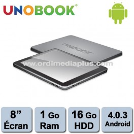 Tablette Unobook, écran 8po multitouch, memoire 1Gb, 16Go de stockage, dual camera, android 4.03 avec housse et étuit
